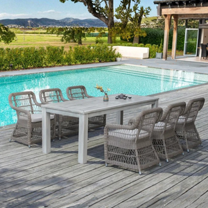 SAND 6-Seater Outdoor Wicker <b>Dining</b> Set High Back Chairs with Wood <b>Table</b> - Product Image 1
