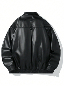 Veste en cuir PU noire pour homme, fermeture éclair sur le devant, col rabattable, coupe classique, vêtement d'automne, couleur unie - Product Image 3