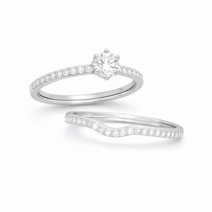 Ensemble de bagues de mariage en diamant cultivé en laboratoire, bague de fiançailles avec diamant central rond et alliance incurvée assortie en or rose 10K 14K - Product Image 3