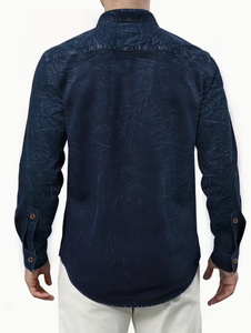 Chemise en jean slim pour homme, manches longues, col rabattu, style décontracté, imprimé délavé, en coton tissé, infroissable, toutes saisons - Product Image 2