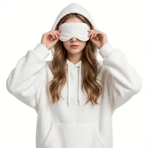 White Womens Oversized Sleep Mask Hoodie Soft Fleece Pullover Kangaroo Pocket Drawstring Hood Cozy Lounge Wear Casual Streetwear - Product Image 2