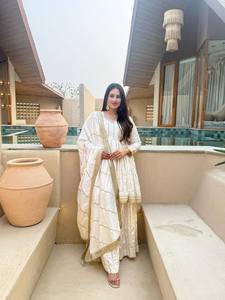 Cream Anarkali Gown Pantufla Dupatta Long Sleeve Party Dress Indian Pakistani Clothing - Product Image 5