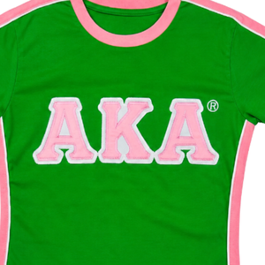 Camiseta Personalizada para Mujer, Estilo Sorority Streetwear, Corte Ajustado, Bordado Plano, Verde y Rosa, 100% Algodón Ecológico, Anti-Pilling - Product Image 6