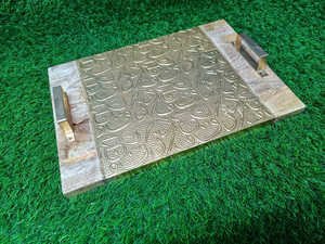 United Trade World's Ramadan Specials Plateau de service en bois de manguier naturel avec feuille de laiton gravée Design arabe United Trade World - Product Image 4