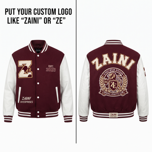 Blouson universitaire épais 420 GSM en mélange de laine, bordeaux avec empiècements de manches en cuir blanc, logo frontal brodé en chenille personnalisé, pour homme - Product Image 1
