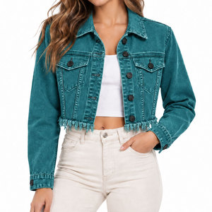 Women's Teal Denim <b>Trucker</b> <b>Jacket</b> With Fringed Hem Long Sleeve Turn-down Collar Cropped Fit Spring Wear - Product Image 1