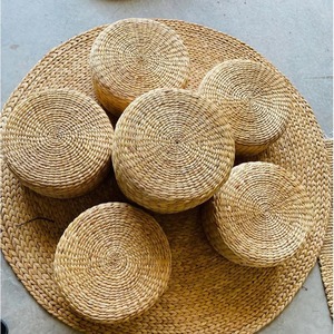 Pouf ottoman rond bohème tissé à la main en fibre de jacinthe d'eau, coussin de sol naturel tressé, tabouret de siège - Product Image 4