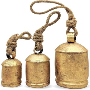 Rustic Metal <b>Cow</b> <b>Bells</b> Set of 3 Gold Plated Hanging <b>Bell</b> Jute Rope Decorative Livestock <b>Bell</b> for Christmas Decor - Product Image 1