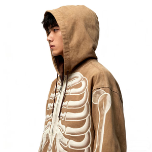 Veste à capuche zippée pour homme, motif squelette, style streetwear vintage délavé, imprimé os, vêtement d'extérieur décontracté et tendance - Product Image 6