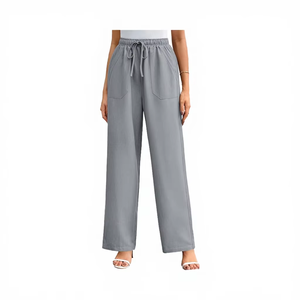 Pantalon décontracté rose en polyester, coupe large et ample, taille mi-haute, couleur unie, tissu tissé, respirant et léger pour le printemps - Product Image 1