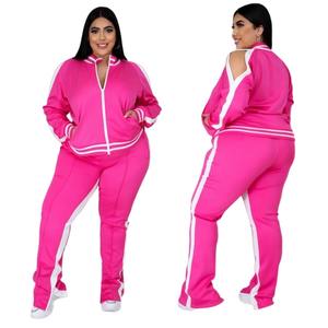 Conjunto deportivo de dos piezas para mujer, talla grande, manga larga, con cremallera, rayas, diseño hueco, informal, para otoño e invierno, largo completo. - Product Image 1