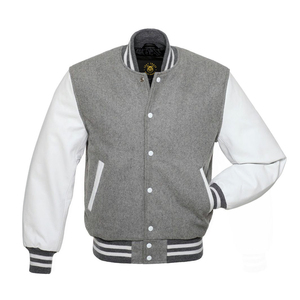 Blouson bomber varsity gris avec manches blanches, blouson Letterman avec manches en cuir, blouson varsity personnalisé en cuir. - Product Image 1