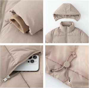 <b>Women's</b> <b>Beige</b> Waterproof Solid Down Coat Regular Length Hooded Lantern Sleeve Zipper Closure Winter Warm Casual Outerwear - Product Image 5