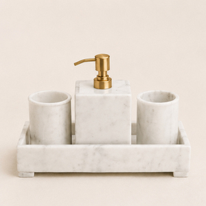 Ensemble d'accessoires de salle de bain en marbre blanc naturel 5 pièces avec pompe en laiton doré, articles de luxe faits à la main pour hôtel, décoration moderne pour la maison - Product Image 4