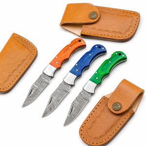 Navajas Plegables de Acero de Damasco con Mango de Madera y Funda de Cuero, Perfectas para Actividades al Aire Libre y Camping, Mango Multicolor - Product Image 5