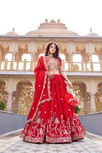 <b>Red</b> Embroidered Indian Wedding <b>Lehenga</b> Choli Set Floral Threadwork Net Dupatta Women's Festive Outfit - Product Image 5