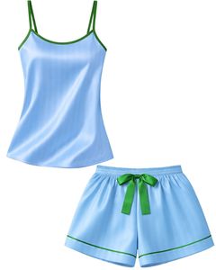 Sky Blue Green Satin Women Pajama Set Silk Sleepwear <b>Spaghetti</b> <b>Strap</b> Cami And Shorts Soft Luxury Nightwear Summer Lounge Set - Product Image 1