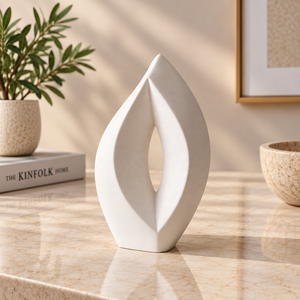 Sculpture d'urne en métal blanc avec motif en forme de larme, accent décoratif pour cheminée, console et étagère - Product Image 1