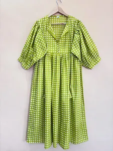 Women's Green Handprint Cotton Midi <b>Dress</b> With Tie-Neck And Short Puff Sleeve <b>Boho</b> <b>Summer</b> <b>Dress</b> - Product Image 1