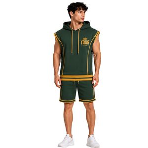 Conjunto Deportivo para Hombre, Color Verde Mostaza, Sin Mangas, con Capucha, Logotipo Personalizado, para Gimnasio, Fitness, Entrenamiento, Sudadera y Pantalones Cortos Deportivos - Product Image 1