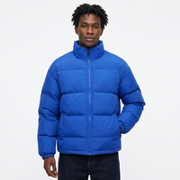 Blouson matelassé unisexe en toile bleue, col montant, fermeture éclair, imperméable, coupe-vent, polyester standard, hiver, décontracté, devant