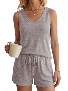Women Gray O-Neck Sleeveless Breathable Knitted Tank Top Drawstring Shorts Set Casual Regular Fit Floral Print Solid Color - Product Image 6