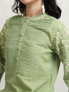 Green Cotton Quick Dry Knee-Length Regular Fit <b>Kurta</b> Set Embroidered Sleeves Pleated Front <b>Women</b> Casual Summer Wear India - Product Image 5