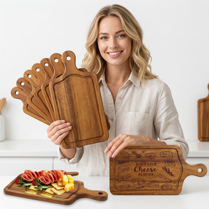 Planche à découper rectangulaire en bois d'acacia durable Skyjoy, lot de 10, avec poignée, épaisseur 1,5 cm, pour servir viande, fromage, charcuterie - Product Image 2