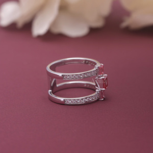 Bague double bande en argent sterling 925 massif avec diamant rose fantaisie cultivé en laboratoire certifié IGI, taille émeraude, style ouvert et tendance - Product Image 4