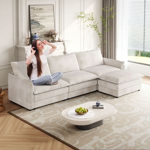 Divano a 3 Posti in Tessuto Corduroy, Comodo Divano Cloud Oversize a L Profondo con Poggiapiedi Mobile per un Comfort Elevato nel Soggiorno - Product Image 1