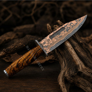 Couteau de chasse artisanal en cuivre damas avec manche en bois de burl exotique, lame fixe, couteau de survie pour le camping, OEM personnalisé - Product Image 2