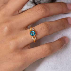 Bague en topaze naturelle, topaze bleue de Londres, pierre de naissance, argent sterling 925, plaqué or 14 carats, cadeau d'anniversaire pour elle - Product Image 3