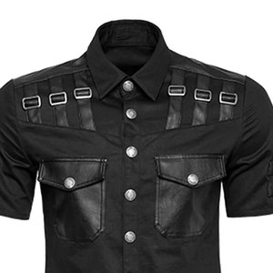 Men's Handmade Gothic Black Short Sleeve <b>Shirt</b> PU Leather <b>Patchwork</b> Pockets Rock Metal Streetwear Tops - Product Image 5