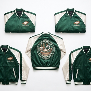 Chaqueta Bomber de Satén al por Mayor con Cremallera, Mangas Raglán, en Tonos Bronce, Marrón, Crema, Perla, y Bordado Trasero con Diseño de Espeleología, Estilo Universitario - Product Image 3