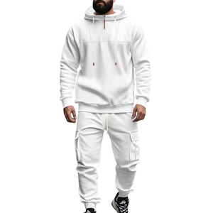 <b>Mens</b> Beige Hooded Tracksuit Full Sleeve Solid Color Casual Jogger Set With Side Pockets Drawstring Closure Autumn Wear - Product Image 2