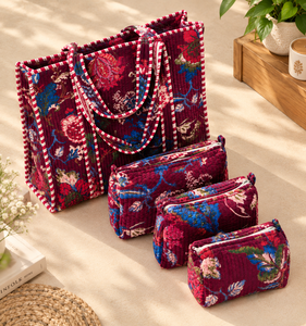Sac fourre-tout en velours en gros avec ensemble de 3 pochettes matelassées, sac à main en velours imprimé floral et ensemble d'organisateurs de rangement pour cosmétiques - Product Image 6