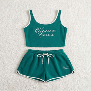 Best Selling Custom Logo Women 2 Piece Summer Gym Wear Cotton Sleeveless Crop Tank <b>Top</b> and High Waist Shorts Comfy Tracksuit - Product Image 6