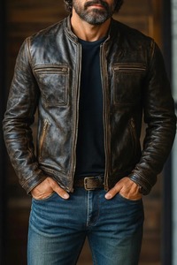 <b>Mens</b> Distressed <b>Brown</b> Genuine <b>Leather</b> Cafe Racer Biker <b>Jacket</b> Vintage Slim Fit Moto Coat - Product Image 1