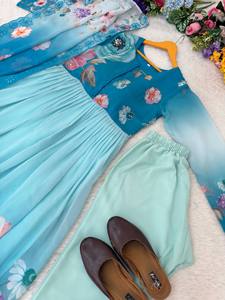 Royal <b>Sequin</b> Embroidered Georgette Gown Set Elegant Handwork Gown with Dupatta & <b>Pants</b> Graceful Party Wear Georgette Suit Set - Product Image 4