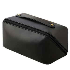 Boîte de rangement noire à ouverture inclinée pour produits de beauté avec poignée de transport renforcée, élégant conteneur de voyage pour articles de toilette, fabrication de logo personnalisé - Product Image 1