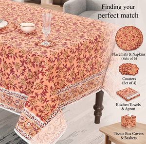 Nappe personnalisable Ridhi imprimée à la main, écologique, durable, lavable, motif floral pêche, bordure bordeaux moderne - Product Image 2