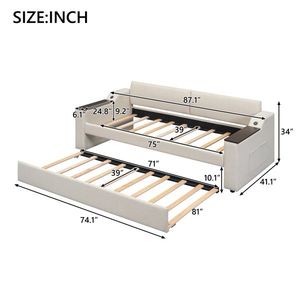 Divano letto imbottito beige a una piazza e mezza con braccioli contenitore e letto estraibile, design USB unico (Vecchio SKU GX000547AAA) - Product Image 4