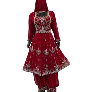 Ensemble Kurti/Frock en Georgette rose FAMUCAAS brodé à la main en Afghanistan, avec bas de robe Salwar Afghani, pour mariage ou fête. - Product Image 3