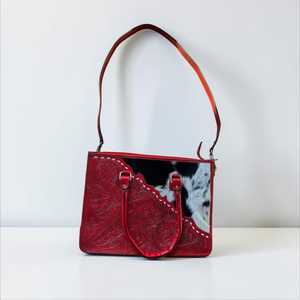 Bolso de Hombro de Cuero Genuino Rojo con Parche de Piel de Vaca, Grabado Floral, Cierre de Cremallera, Estilo Vintage, Uso Diario - Product Image 2