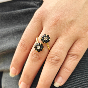 Women elegant jewelry black onyx with white cz <b>adjustable</b> <b>ring</b> solid brass 18k gold plated hand carved flower double stone <b>rings</b> - Product Image 3