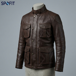 SPOFIT <b>Men's</b> Genuine <b>Leather</b> Moto <b>Jacket</b> Mandarin Collar Zipper Closure Solid Color Autumn Regular Fit Biker Style Embossed - Product Image 2