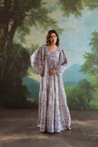 Women Boho Printed Maxi <b>Dress</b> V Neck Lantern Sleeve <b>Loose</b> Fit Breathable <b>Summer</b> Casual Knitted Fabric Eco-Friendly A-Line - Product Image 4