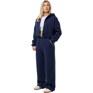 Conjunto Deportivo de Pantalones y Sudadera con Capucha Extra Grande para Mujer, Color Azul Oscuro, 100% Algodón Ecológico, Lavado Ácido, Largo Completo - Product Image 1