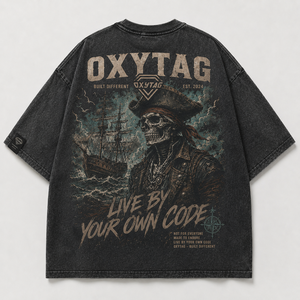 T-shirt surdimensionné vintage délavé à l'acide pour homme, en coton épais, à épaules tombantes, avec imprimé graphique Tête de Pirate, fabriqué sur mesure - Product Image 5