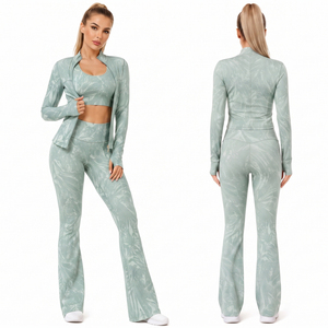 Wholesale Women 3 Piece Yoga Set Compression Wear Training Jacket Printed <b>Flare</b> <b>Legging</b> Eco-Friendly <b>Gym</b> Workout Bra 3 Piece Set - Product Image 1